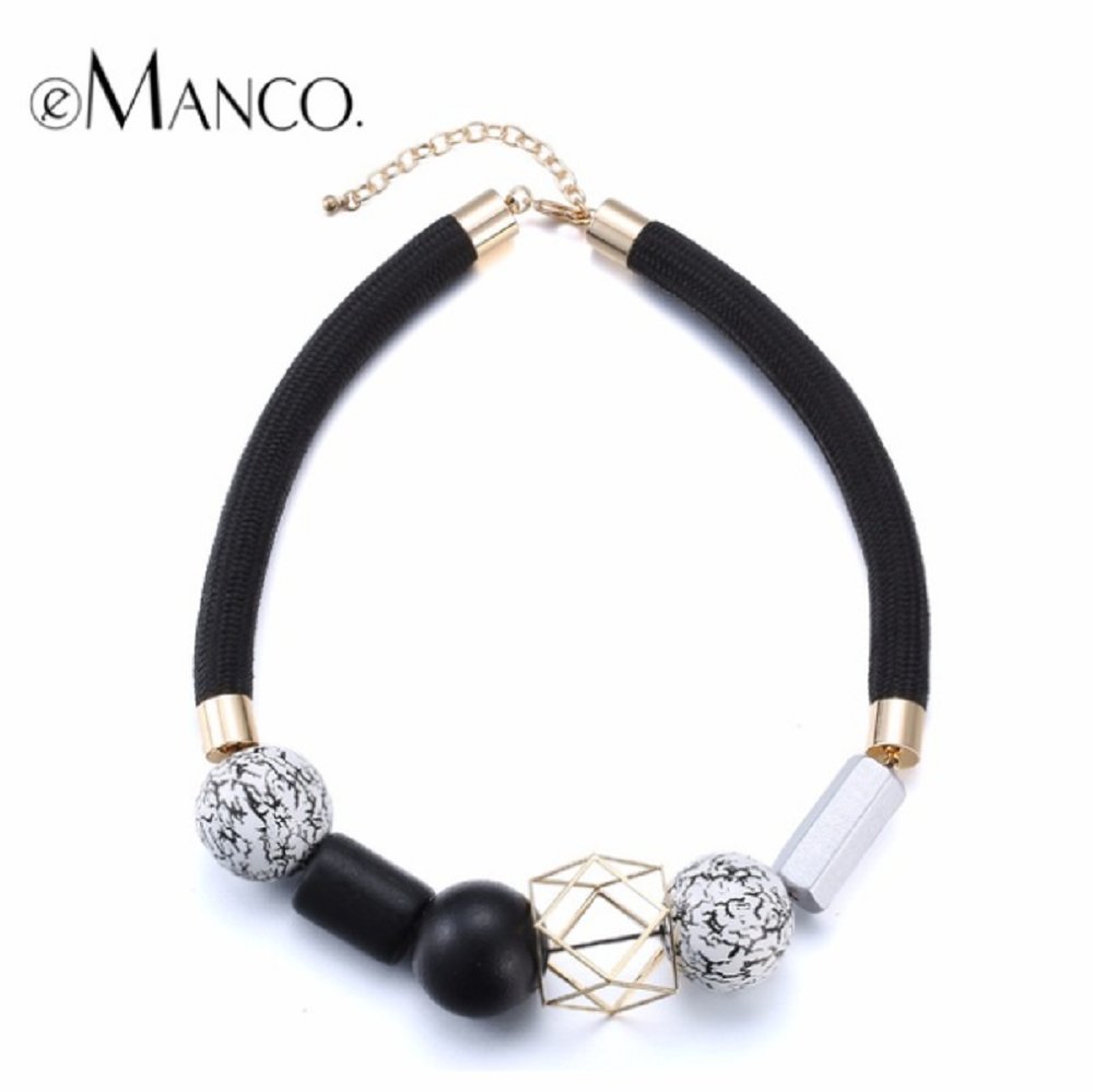 eManco Statement Black & White Wood Beads Choker Necklace Minimalist Ethnic