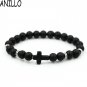 Handcrafted Bracelet Natural Stone with Cross Men Black Beads Bracelet Unisex
