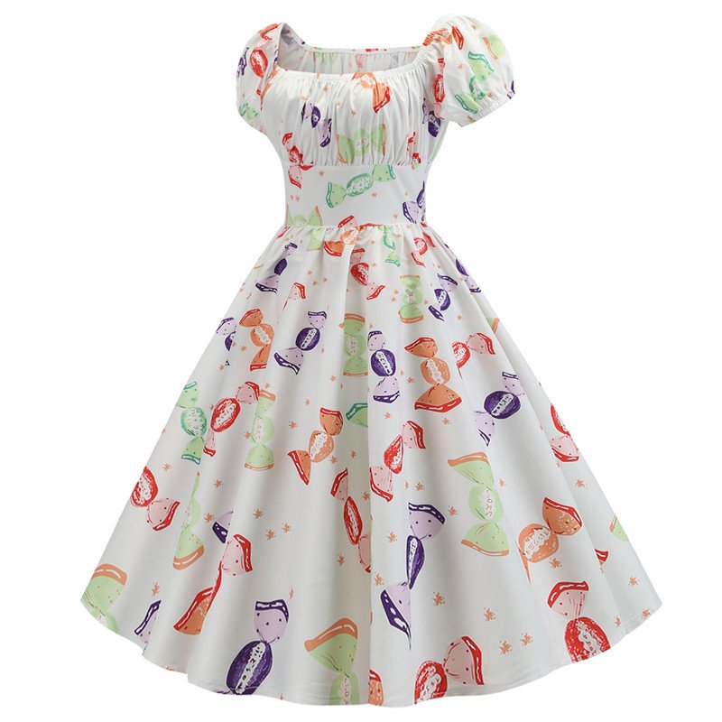 Women's fashion short sleeve square collar printed midi dress #JY13946