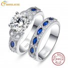 BONLAVIE 1 Pair Blue Sapphire Couple Wedding Rings 100% 925 Sterling Silver Fore