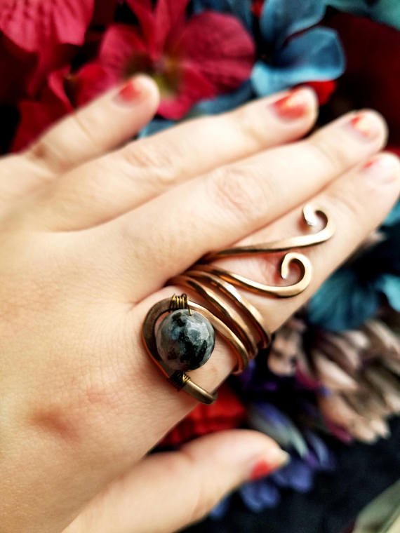 Black Labradorite Copper Adjustable Boho Ring