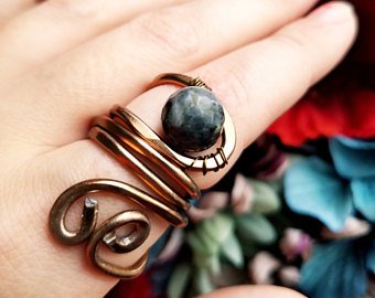 Black Labradorite Copper Adjustable Boho Ring
