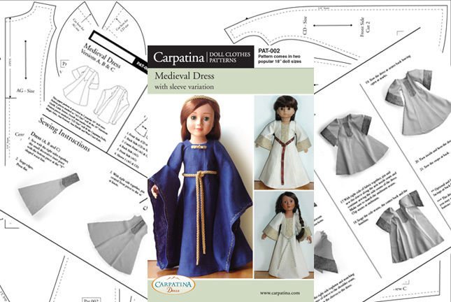 Medieval Dress Sewing Pattern Multi-size For 18" American Girl & Carpatina Dolls