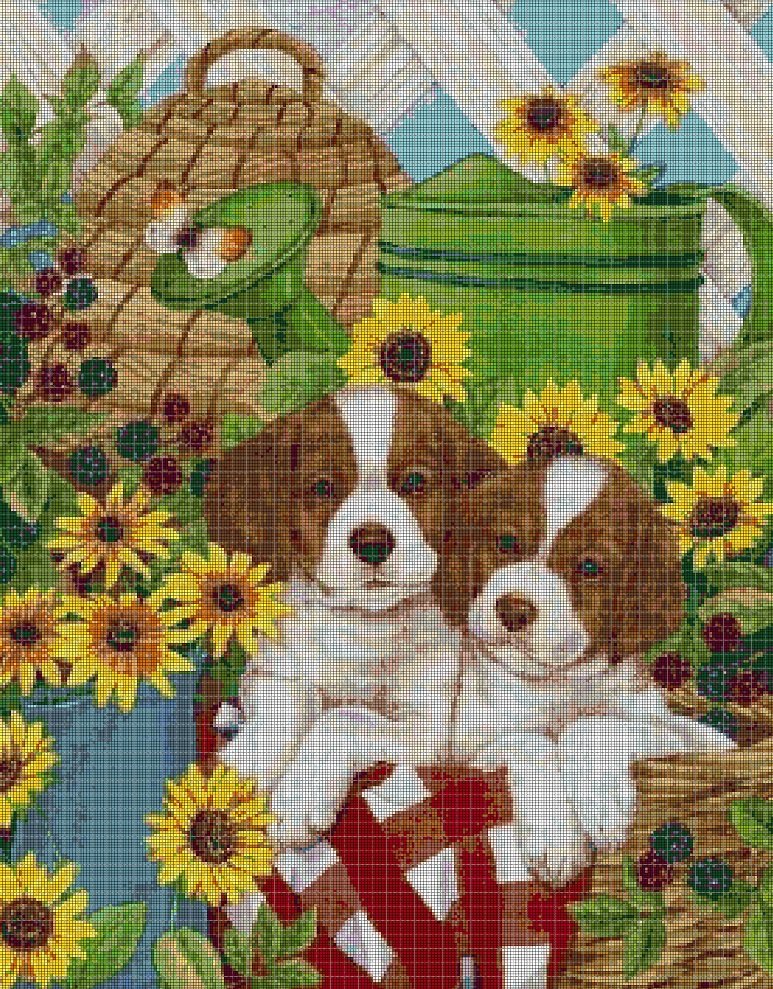 Little dogs in garden cross stitch pattern in pdf