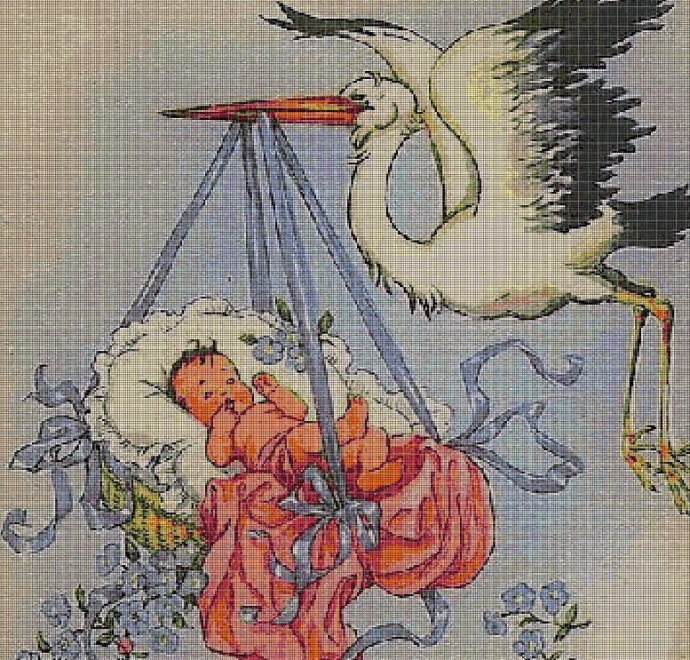 Stork and baby cross stitch pattern in pdf DMC