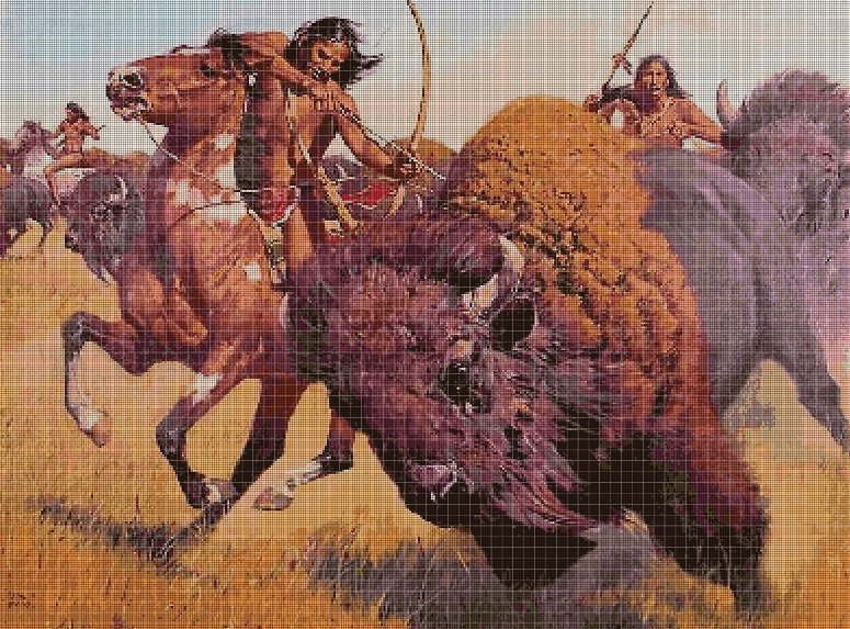 Native Americans Bison hunting cross stitch pattern in pdf DMC