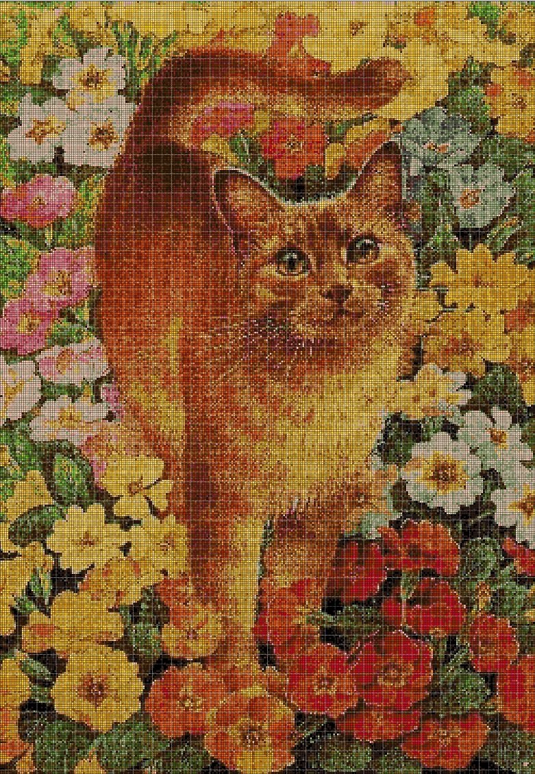 Cat on flowers cross stitch pattern in pdf DMC