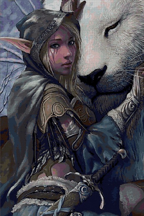 Elf and the white lion- fantasy art cross stitch pattern ANCHOR