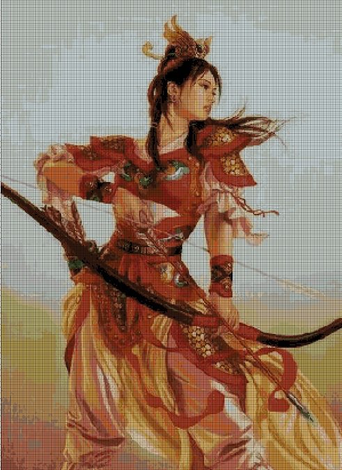 Japanese archery girl fantasy art cross stitch pattern in pdf