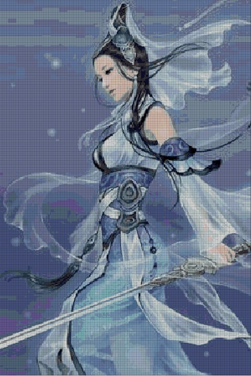 Ninja warrior girl fantasy art cross stitch pattern in pdf