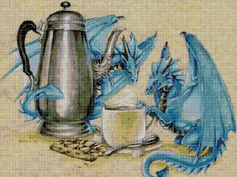 Blue dragons teatime fantasy art cross stitch pattern in pdf DMC