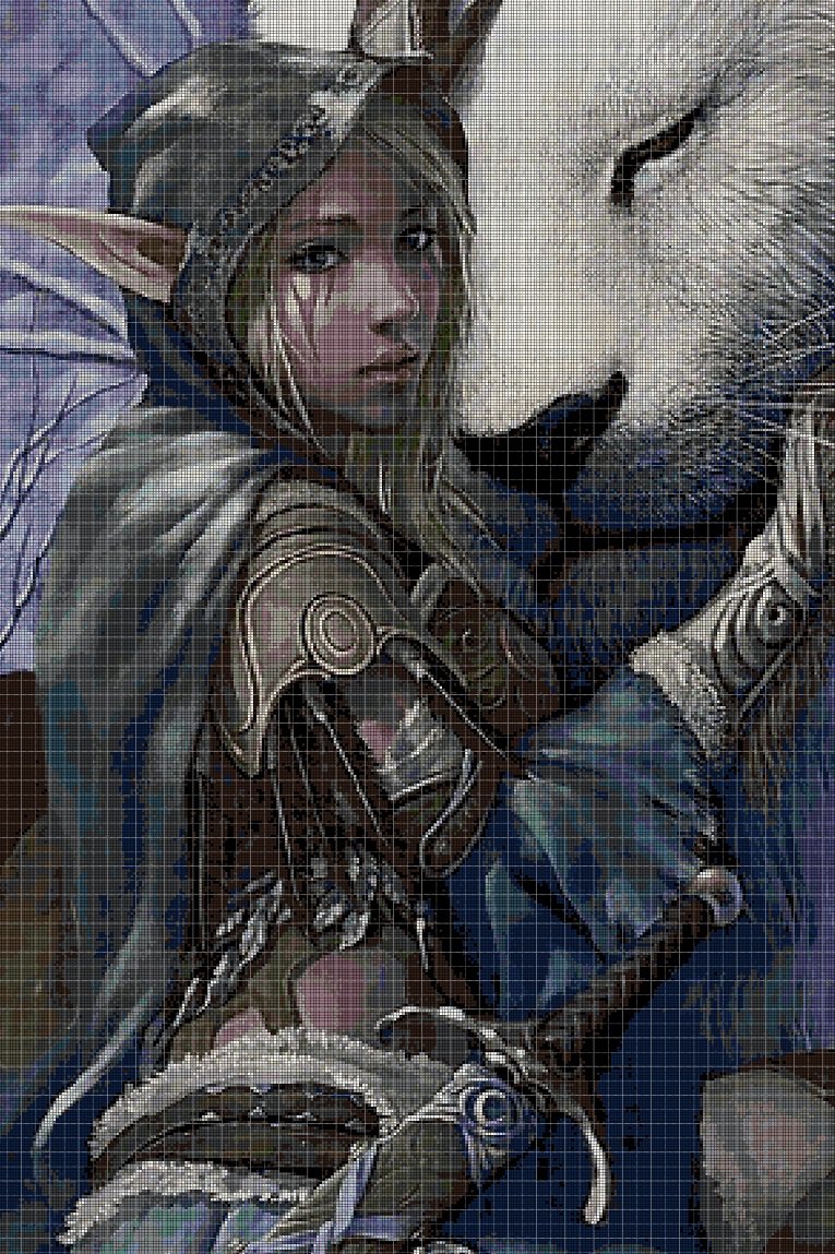 Elf and the white lion- fantasy art cross stitch pattern DMC