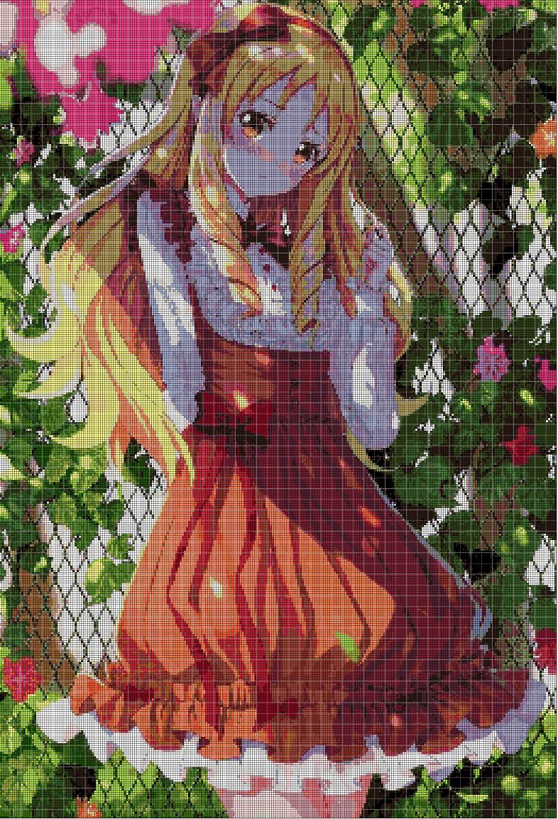 Anime girl in red dress-cross stitch pattern in pdf DMC