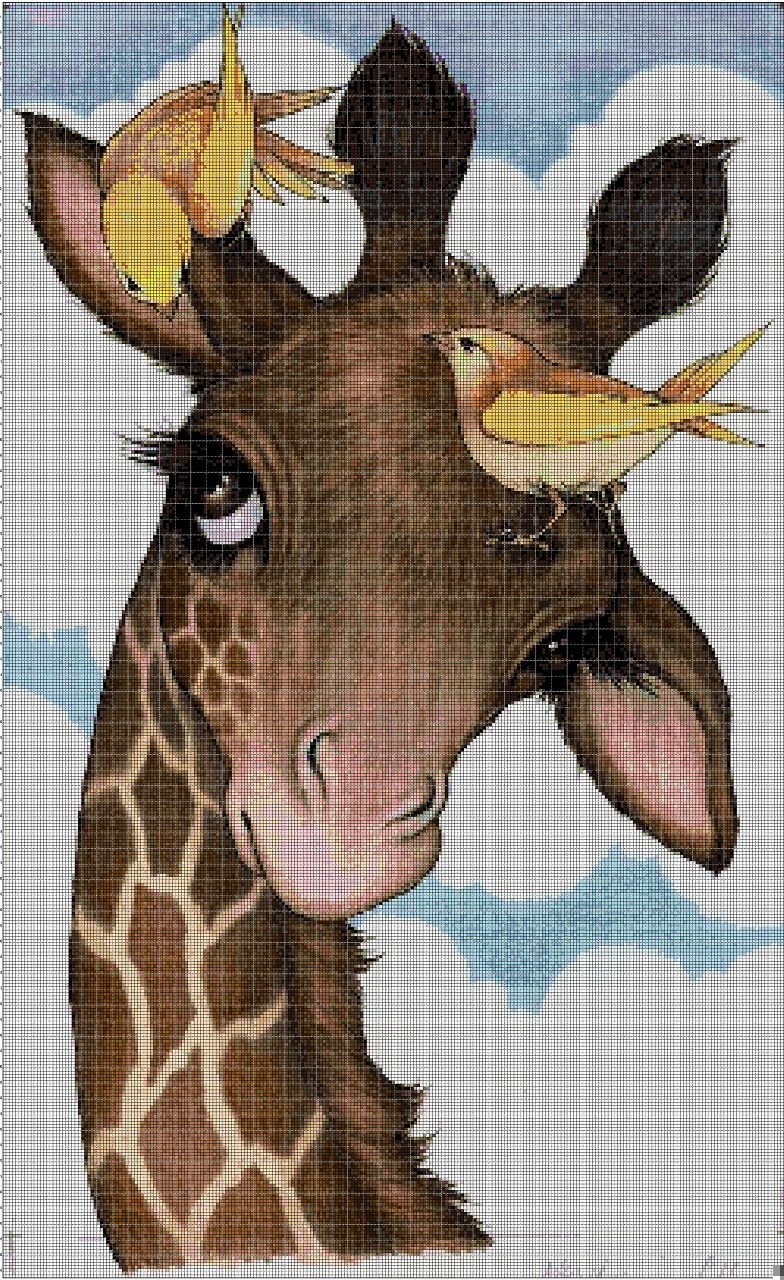 Giraffe with birds cross stitch pattern in pdf DMC
