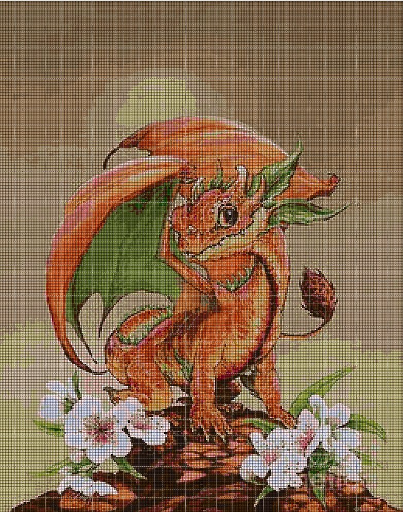 Baby dragon - orange-cross stitch pattern in pdf DMC