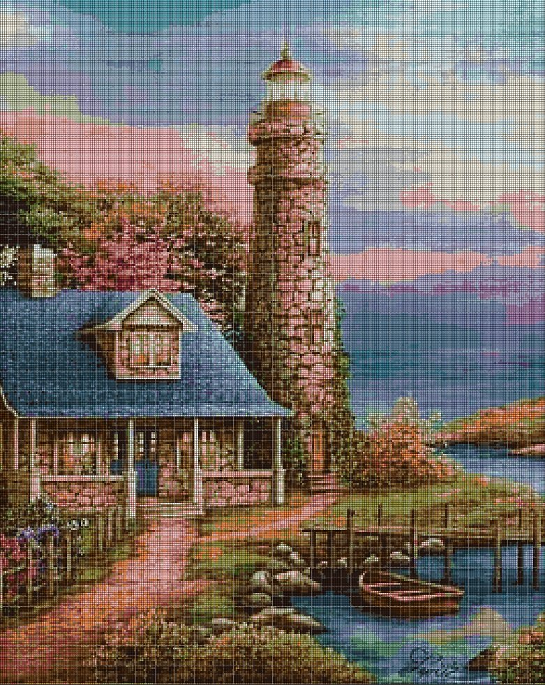 Lighthouse in evening cross stitch pattern in pdf DMC