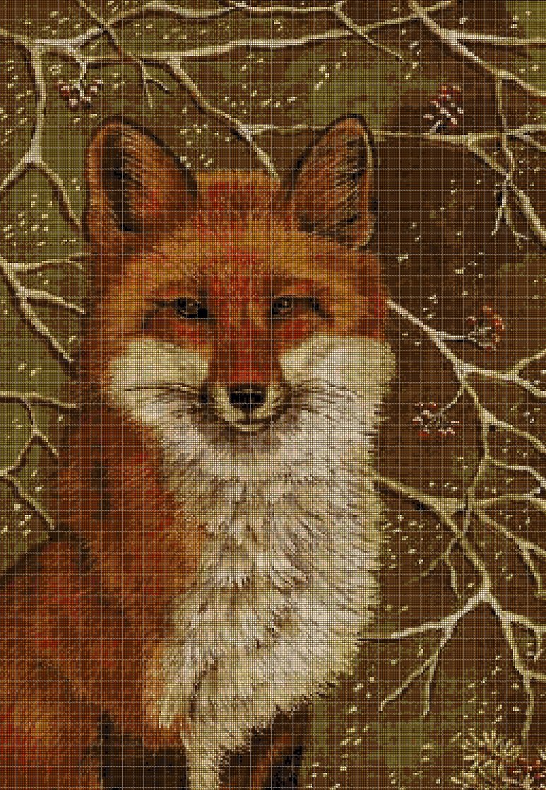 Fox in green cross stitch pattern in pdf DMC