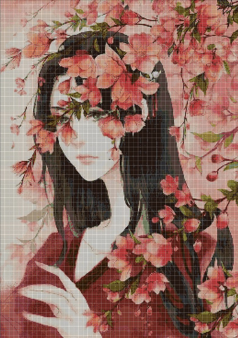 Girl with flowers 2 cross stitch pattern in pdf DMC