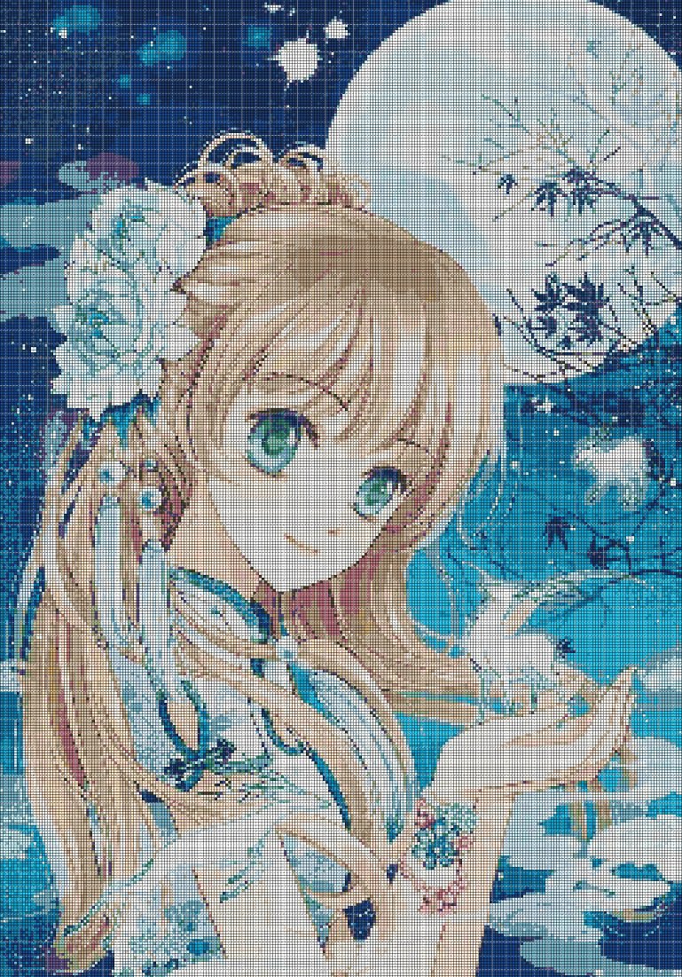 Girl with the moon cross stitch pattern in pdf DMC