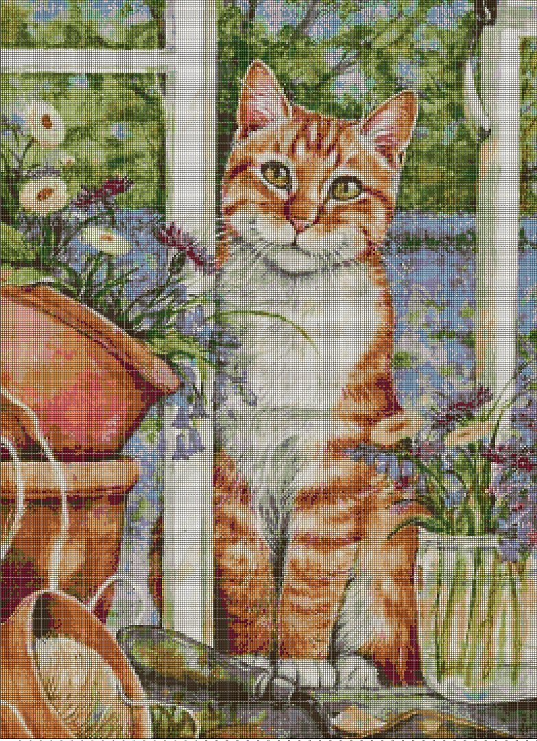 Kitten in the window cross stitch pattern in pdf DMC