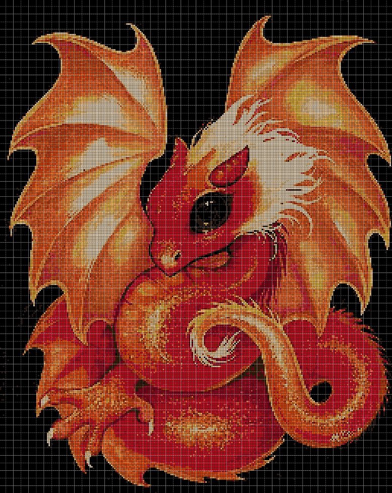 Orange dragon cross stitch pattern in pdf DMC