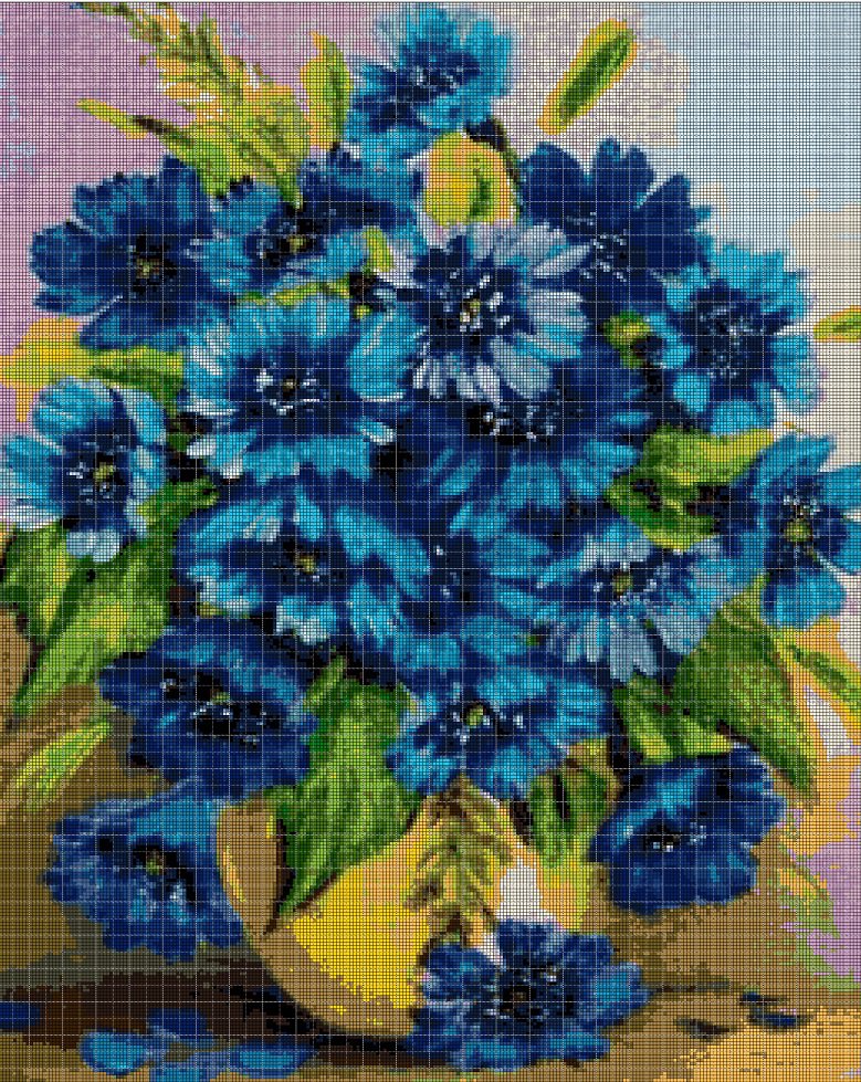 Blue flowers cross stitch pattern in pdf DMC