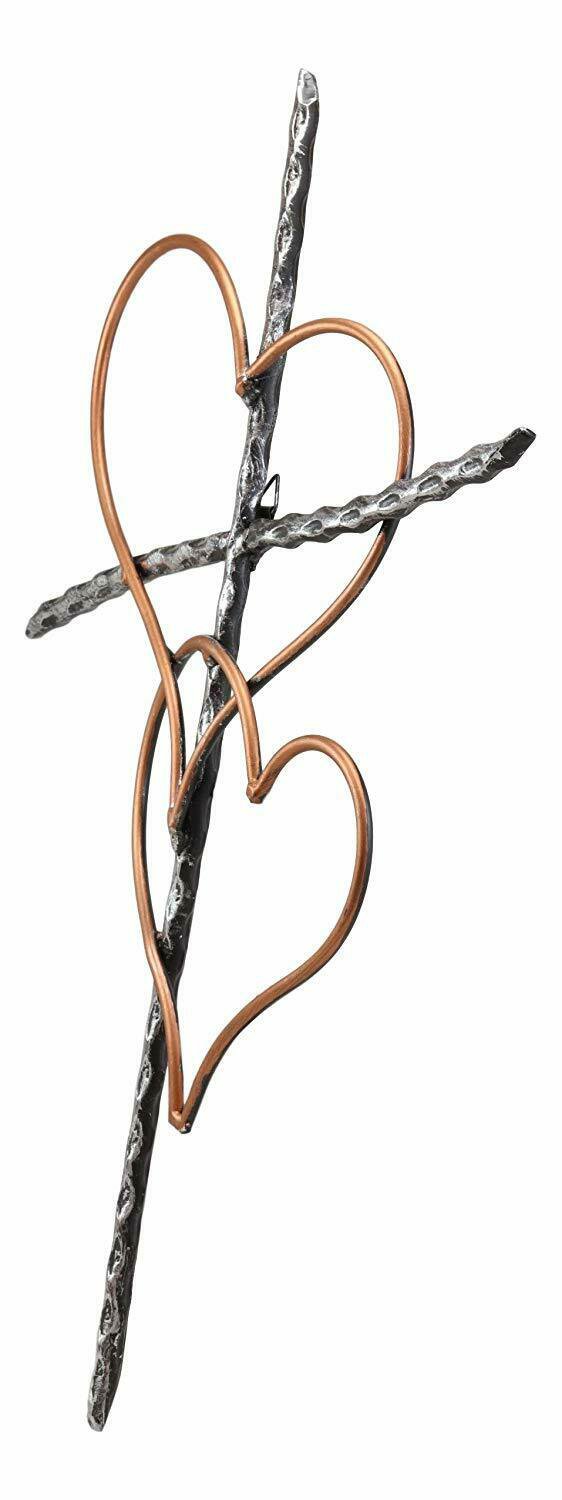 Metal Silver Rope Wire Sticks and 2 Golden Hearts of Love Wall Hanging Cross 20" 