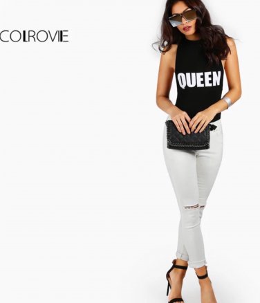 COLROVIE Mock Neck Racerback Bodysuit Black Sexy Skinny Women Letter Print Slim Bodysuits