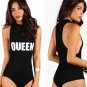 COLROVIE Mock Neck Racerback Bodysuit Black Sexy Skinny Women Letter Print Slim Bodysuits