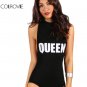 COLROVIE Mock Neck Racerback Bodysuit Black Sexy Skinny Women Letter Print Slim Bodysuits