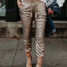Mid waist sequined ankle-length pants Women drawstring elastic waist pants 2018 fashion spring