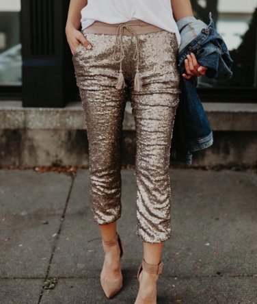 Mid waist sequined ankle-length pants Women drawstring elastic waist pants 2018 fashion spring