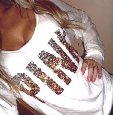 Pink T-Shirt Women New  Sequin Long Sleeve Off shoulder