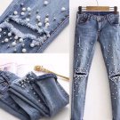 Women Fashion Destroyed Ripped pearled Slim Denim Pants Boyfriend Jeans Ladies Womens Daily Casual