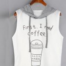 Women Fashion Coffee print Hooded Crop Sleevless T-shirt Top