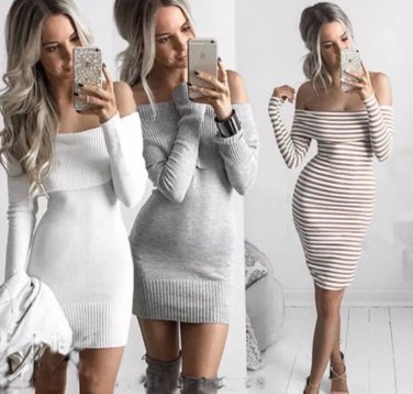 Womens Off Shoulder  Long Sleeve Autumn Casual Short Mini Dress