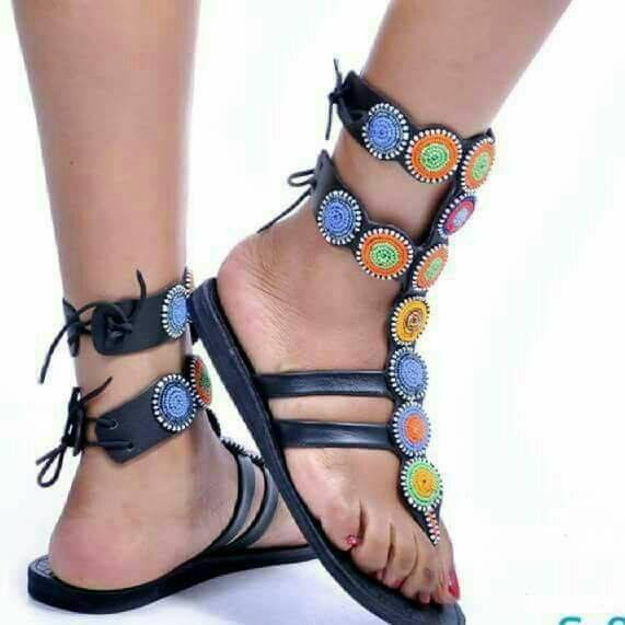 Elegant Genuine Leather Beaded Sandals.