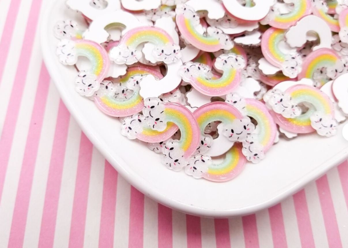 Glittery Pastel Rainbow Cloud Cabochons, Flat-backed Sweet Kawaii Cabs jocad (6 Pieces)