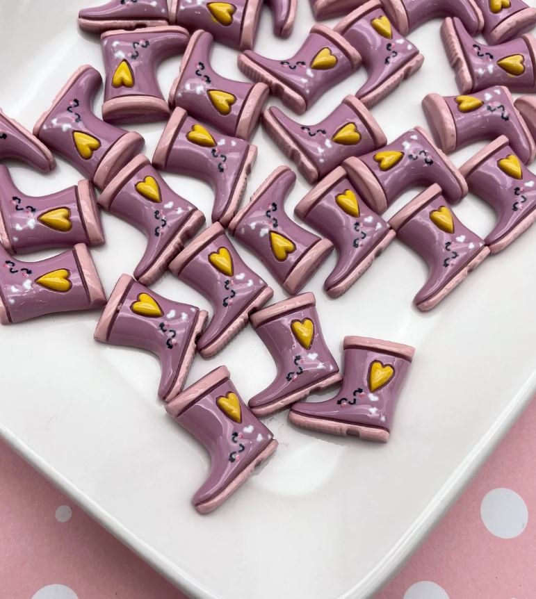 Lavender Purple Rain Boot Cabochons, Flat Resin Galoshes Cabs, Rubber Boot Shoes jocad (8 Pieces)