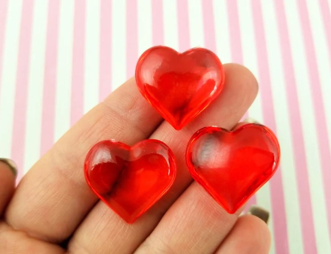 Red Clear Resin Heart Cabochons, Valentines Day Cabs, Heart Cabs jocad (10 Pieces)