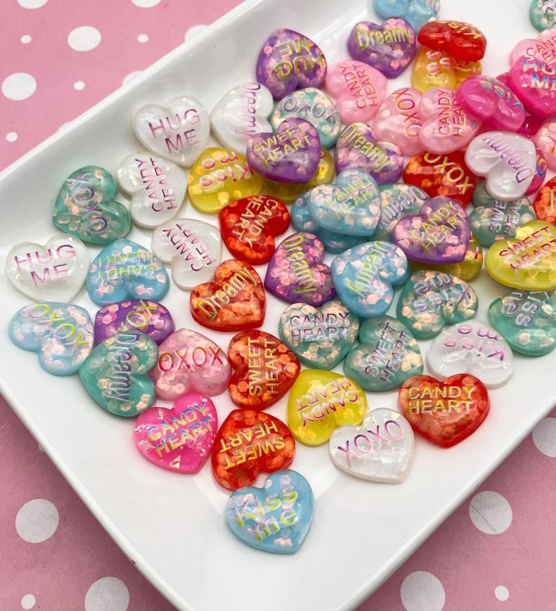 Glittery Conversation Heart Resin Cabochons, Heart Cabochons jocad (6 Pieces)