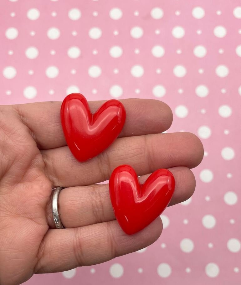 Red flat-backed Heart Cabs, Heart cabochons, Heart cab, Valentines Day Cabochon jocad (6  Pieces)