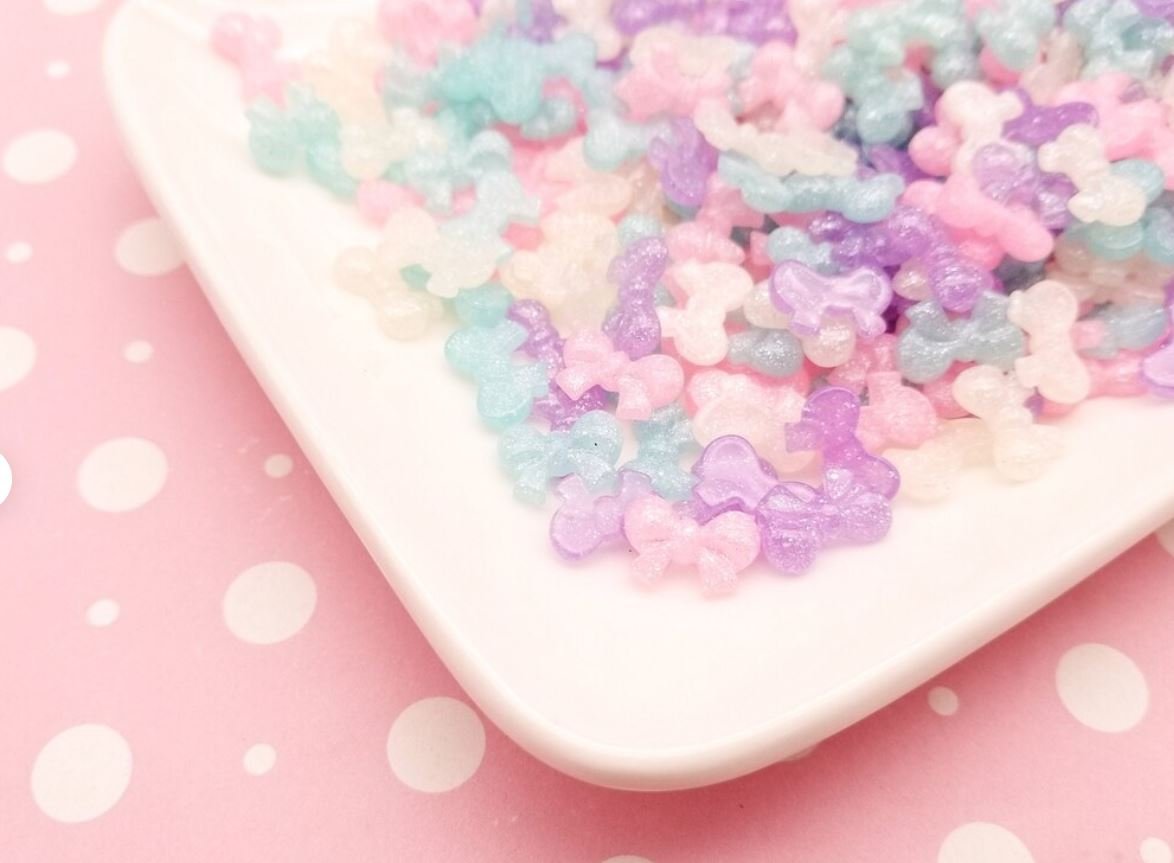 Pastel Glittery Assorted Bow Cabochons, Flat backed Resin Bowknot Cabs, Glitter Bow jocad (8 Pieces)