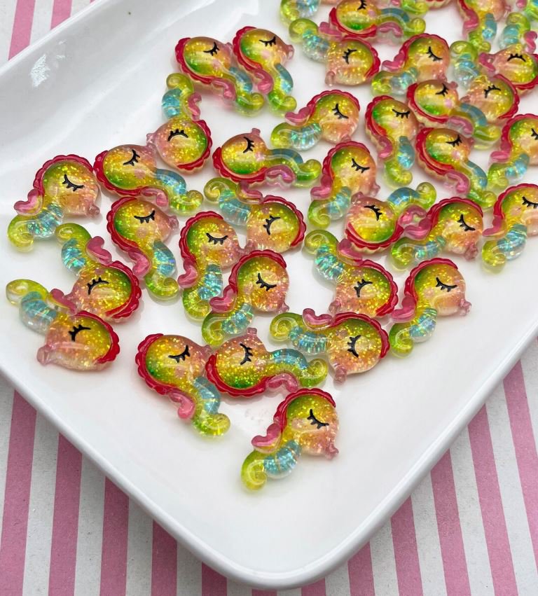 Glittery Rainbow Glitter Seashorse Cabs, Beach Themed Cabochons jocad (8 Pieces)