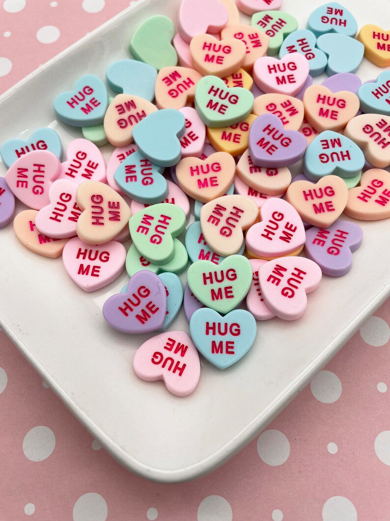 Hug Me Conversation Heart Resin Cabochons, Heart Cabochons, Resin Embellishments jocad (5 Pieces)