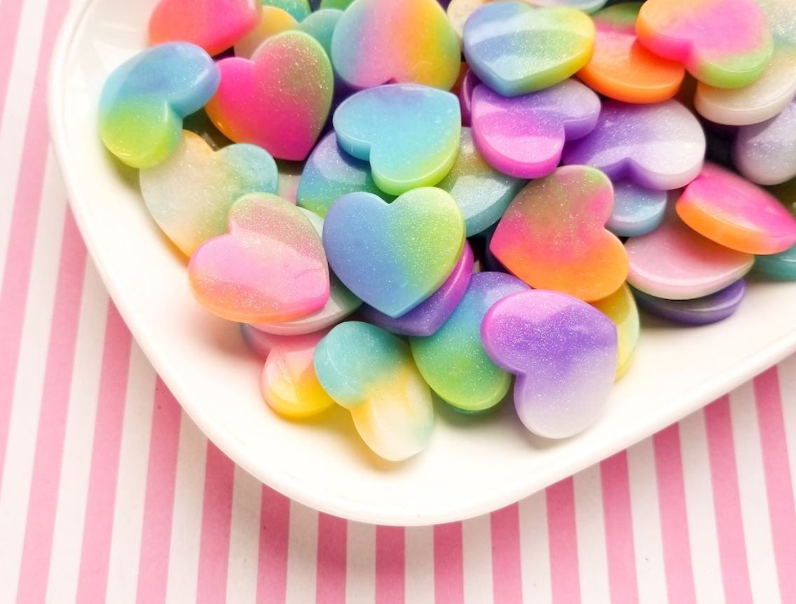 Assorted Color Glitter Resin Heart Cabochons, Kawaii Marbled Heart, Bling Cabs jocad (6 Pieces)