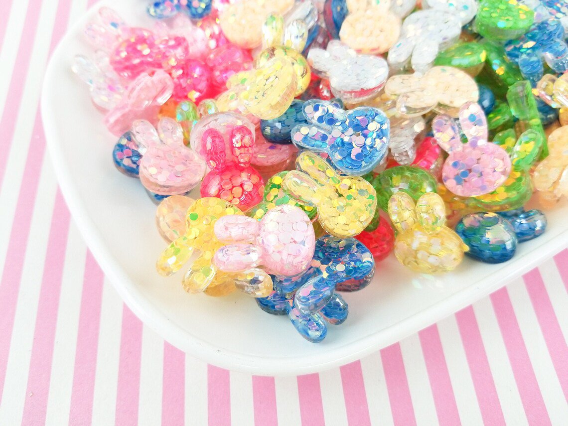 Glitter Resin Bunny Love Cabochons, Rabbit Cabs, Cute Bling Cabs jocad (8 Pieces)