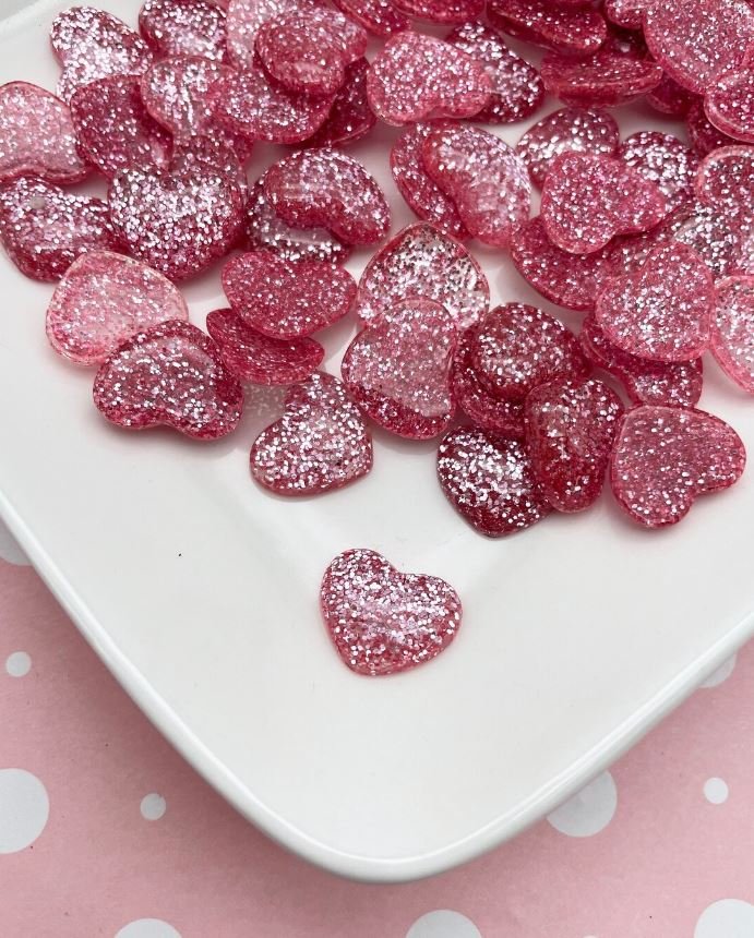 Pink Glitter Resin Heart Cabochons, Glittery Sparkly, Cute Bling Cabs jocad (10 Pieces)