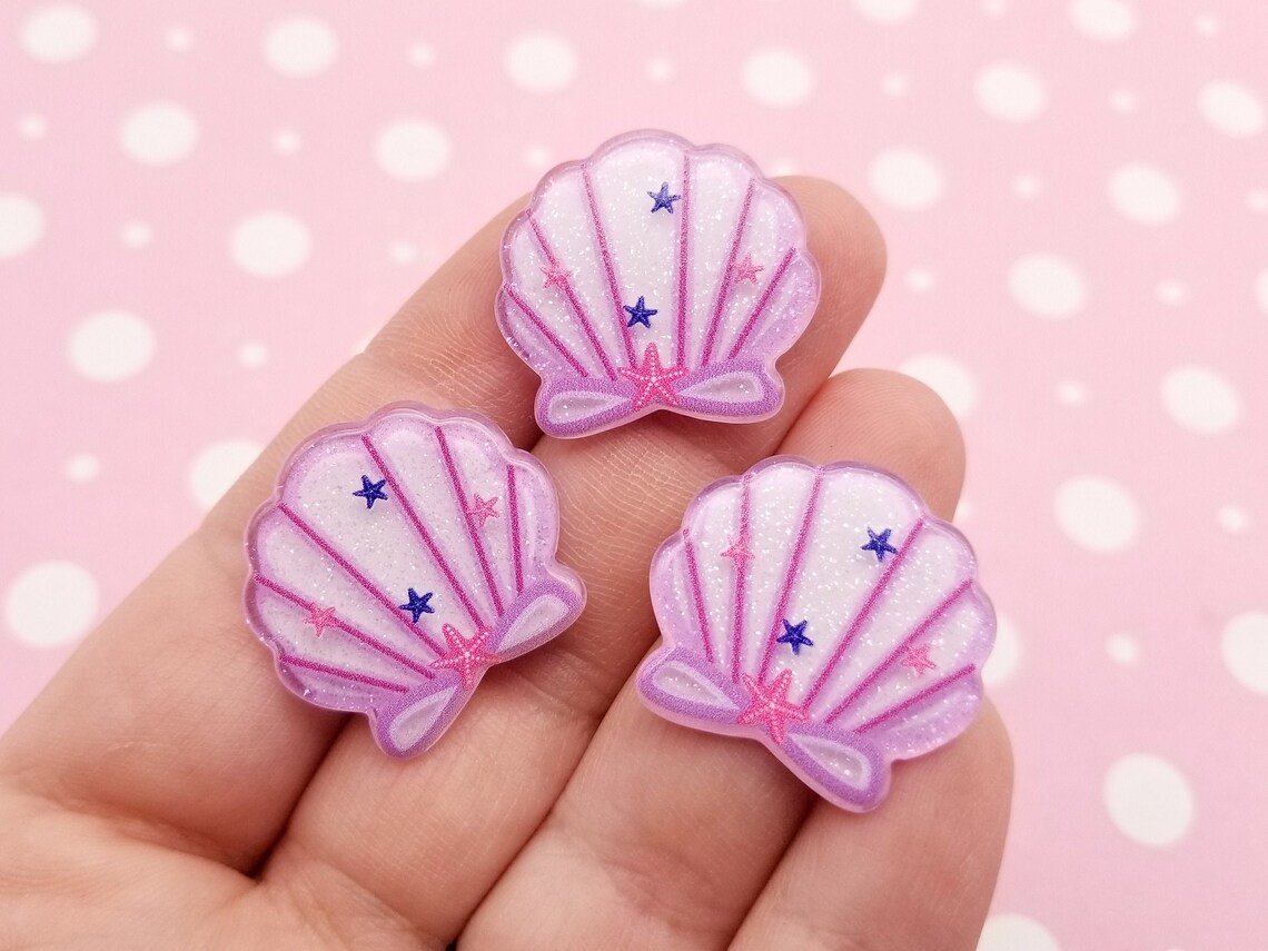 Pastel Purple Glitter Pastel Seashell Cabochons, Nautical, Shell Cabs, Ocean jocad (6 Pieces)