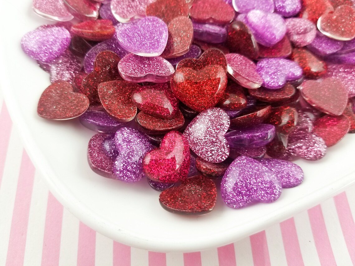 Assorted Color Glitter Resin Heart Cabochons, Pink Heart Cabochons, Cute Bling Cabs jocad (8 Pieces)